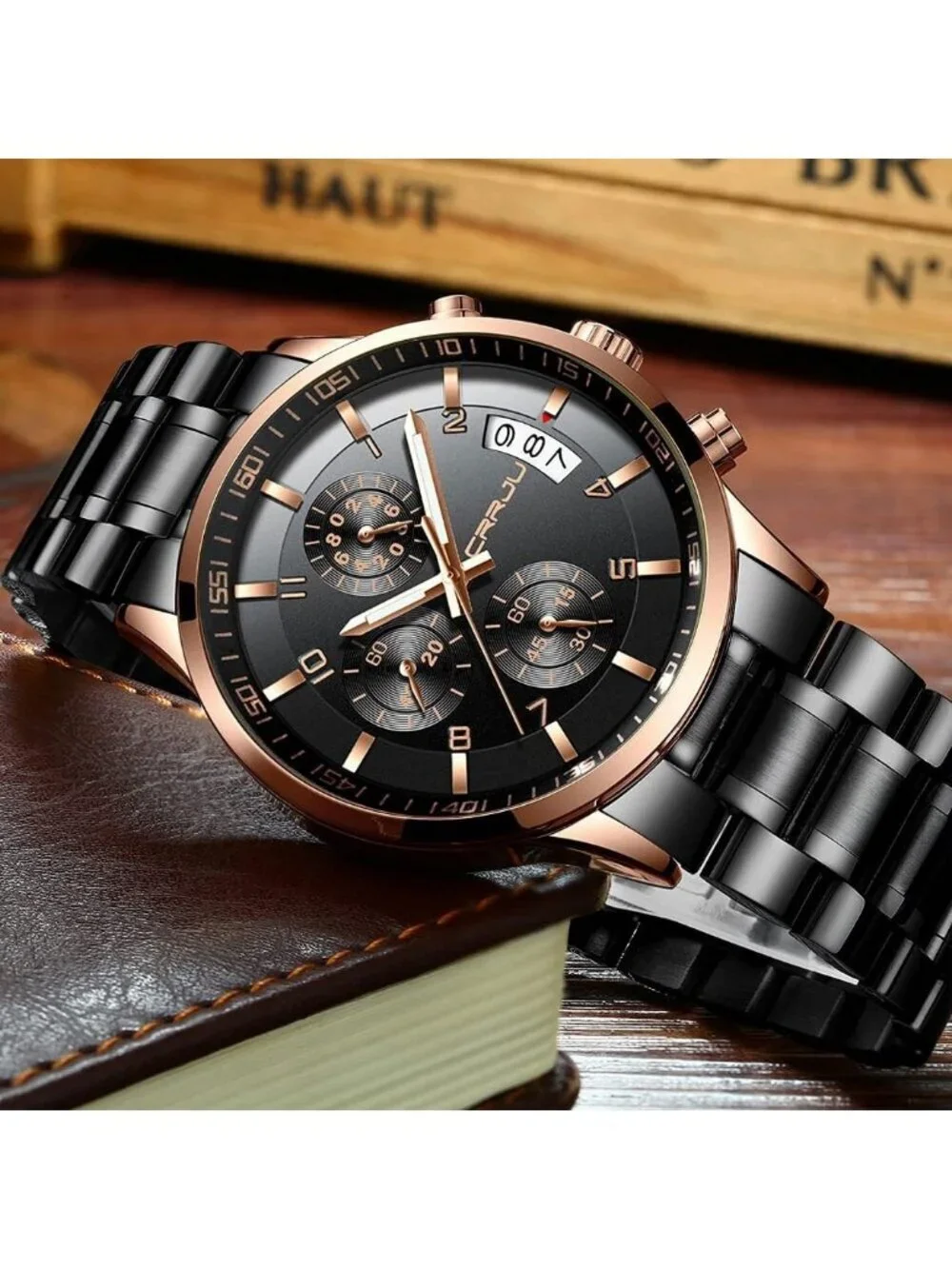 Men's Black Rose Gold Analog Stainless Steel Waterproof Chronograph Wrist Watch